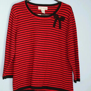 Cathy Daniels Red and Black Striped Sweater with Black Bow LG 3/4 Vintage Modest